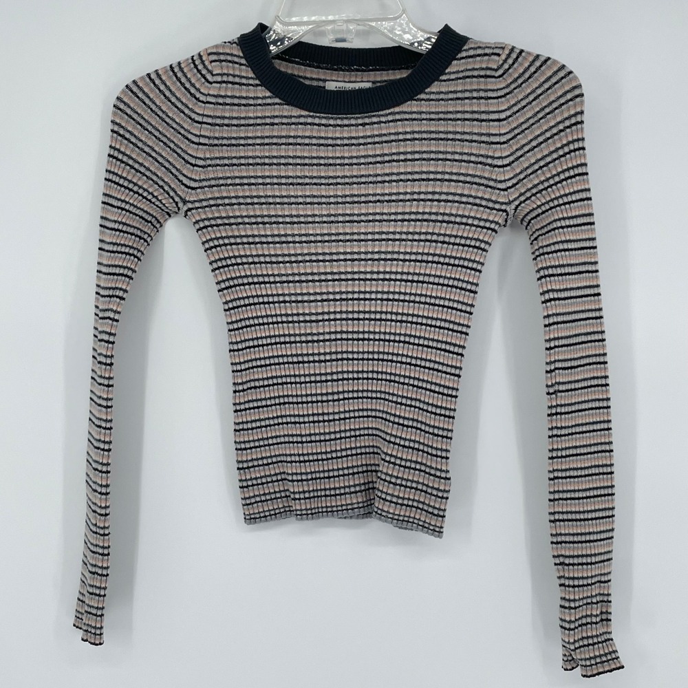 American Eagle Striped Ribbed Knit Sweater Womens XXS Black Grey Peach Crew Neck